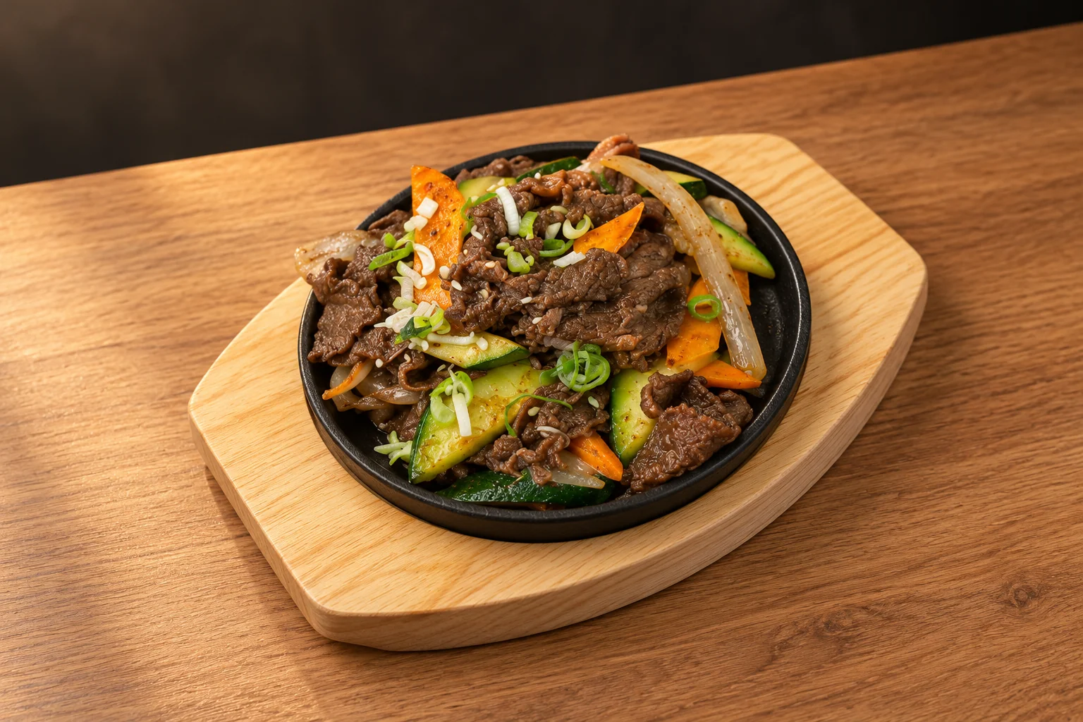 Beef and vegetables on a black plate with a wooden base.