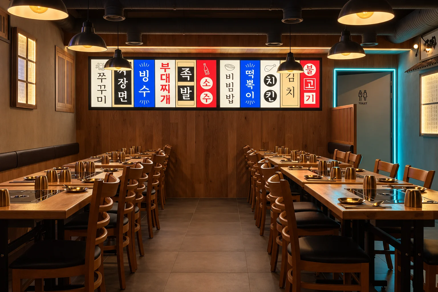 Wooden tables, pendant lamps and restaurant decor.