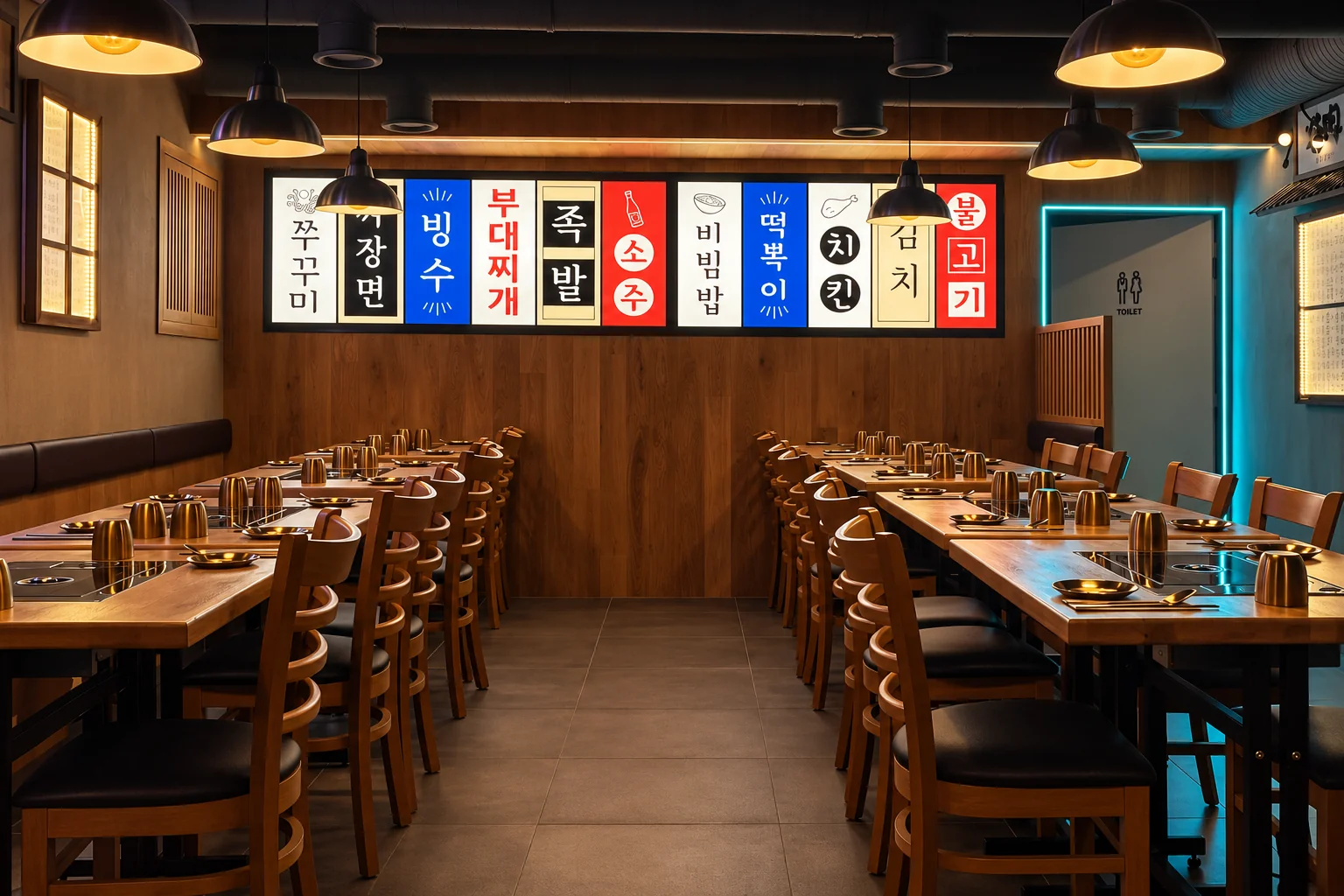 Wooden tables and wall signs.