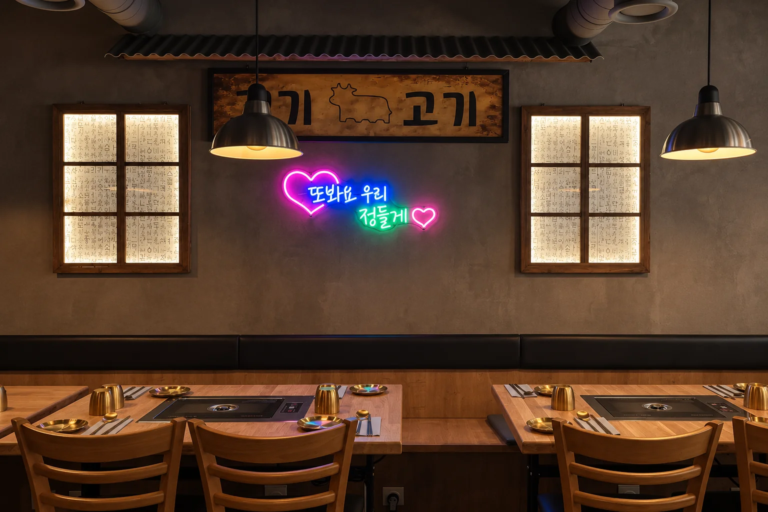 Neon lights and tables with cooking plates.