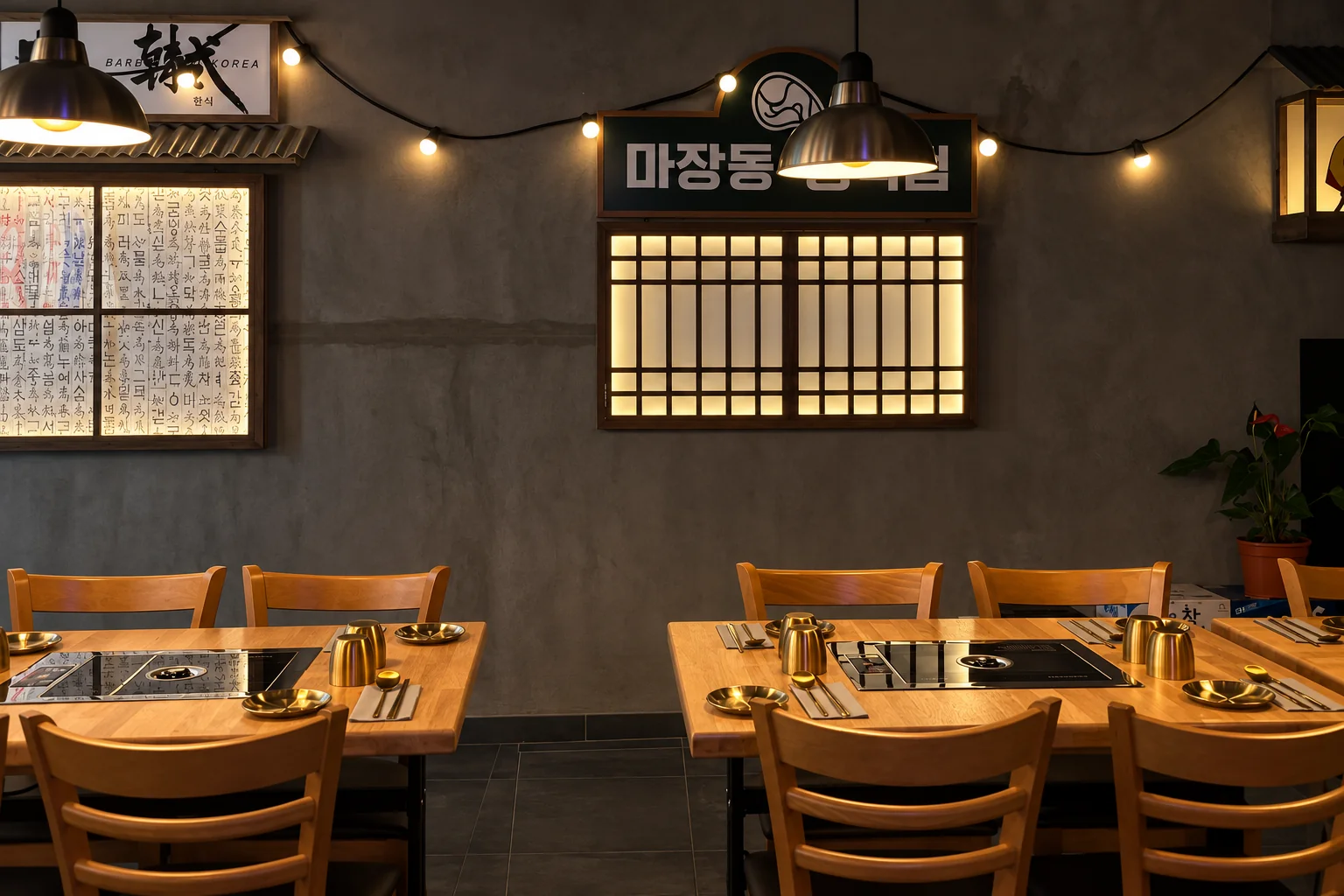 Tables and illuminated signs on a grey wall.