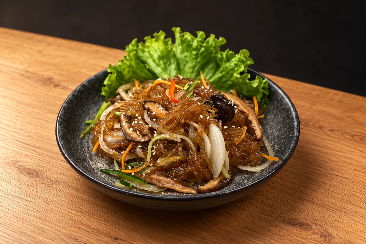 Glass noodles, vegetables and beef on a dark plate.