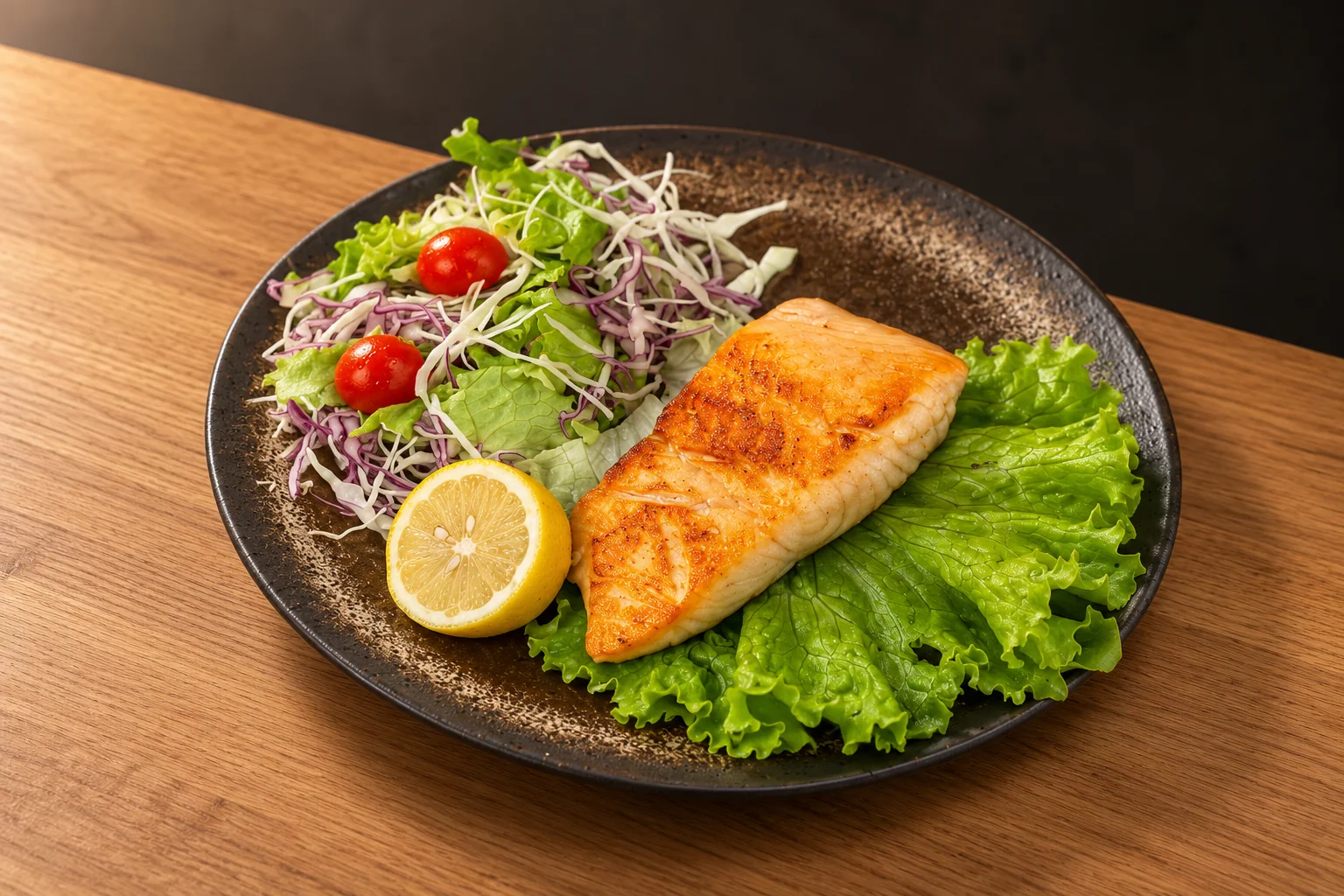 Salmon, salad, tomatoes and lemon on a dark plate.