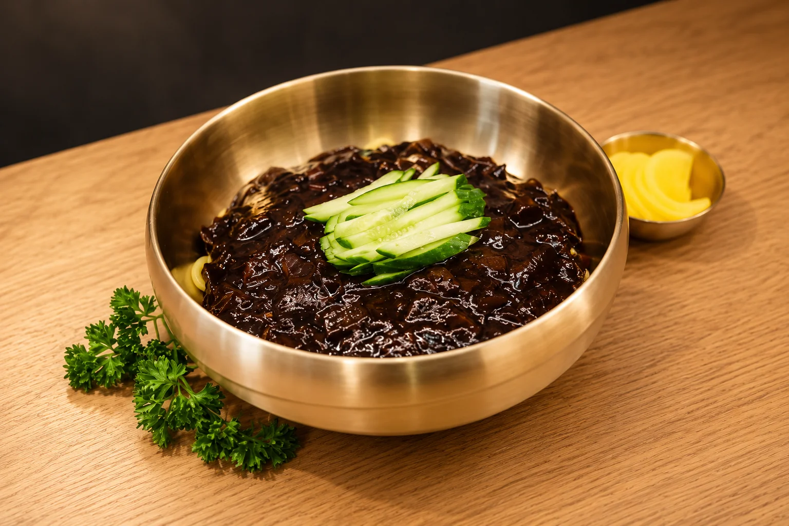 Black-sauce noodles and cucumber in a metal bowl.